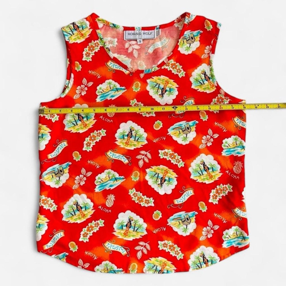 Vintage Howard Wolf Rayon Tropical Red Aloha Hawaiian Hula Dancer Tank Top - Picture 3 of 5